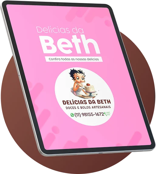 Tablet mostrando a capa do catálogo Delícias da Beth