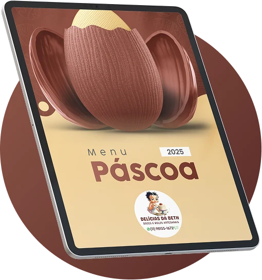 Tablet mostrando a capa do menu de Páscoa 2025